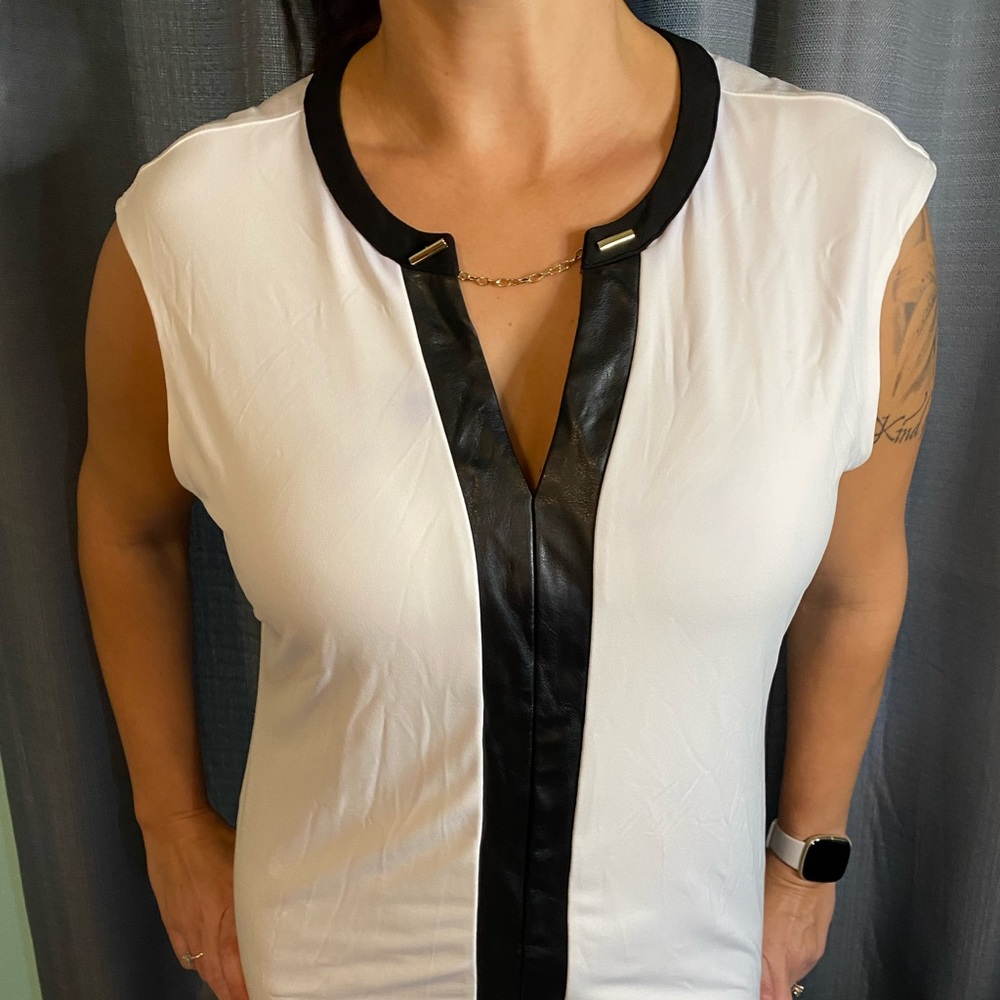 Calvin Klein white blouse with faux leather trim
